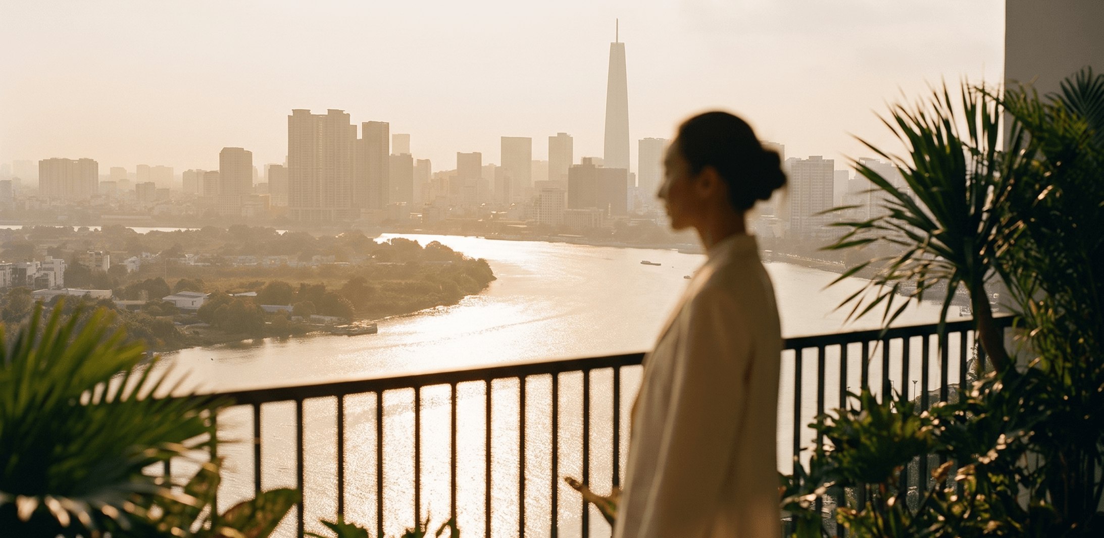 Ban công nhìn ra dòng sông Sài Gòn và đường chân trời Thủ Thiêm